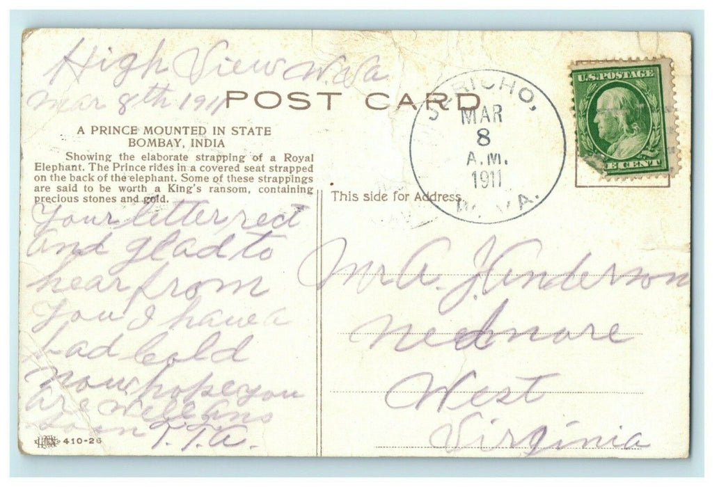 1911 A Prince Mounted in State Bombay India Posted Antique Jericho VA Postcard