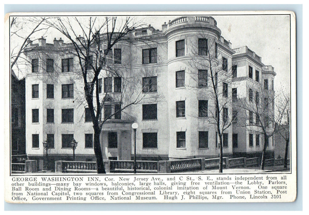 c1910 George Washington Inn Corner New Jersey Avenue Advertising Postcard