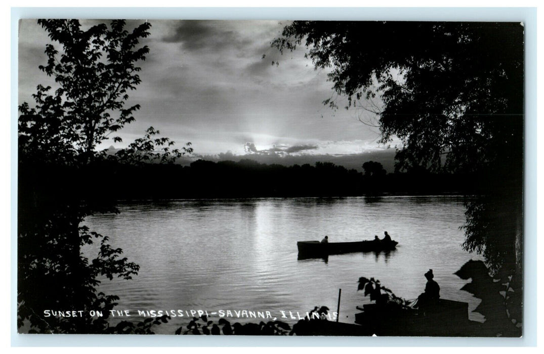 c1940's Sunset on Mississippi Savannah Illinois IL Vintage RPPC Photo Postcard