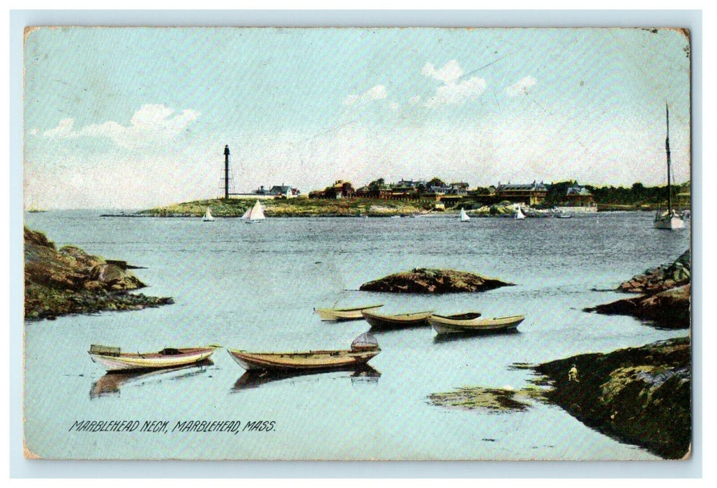 1910 Marblehead Neck Beach Sailboat Scene Massachusetts MA Antique Postcard