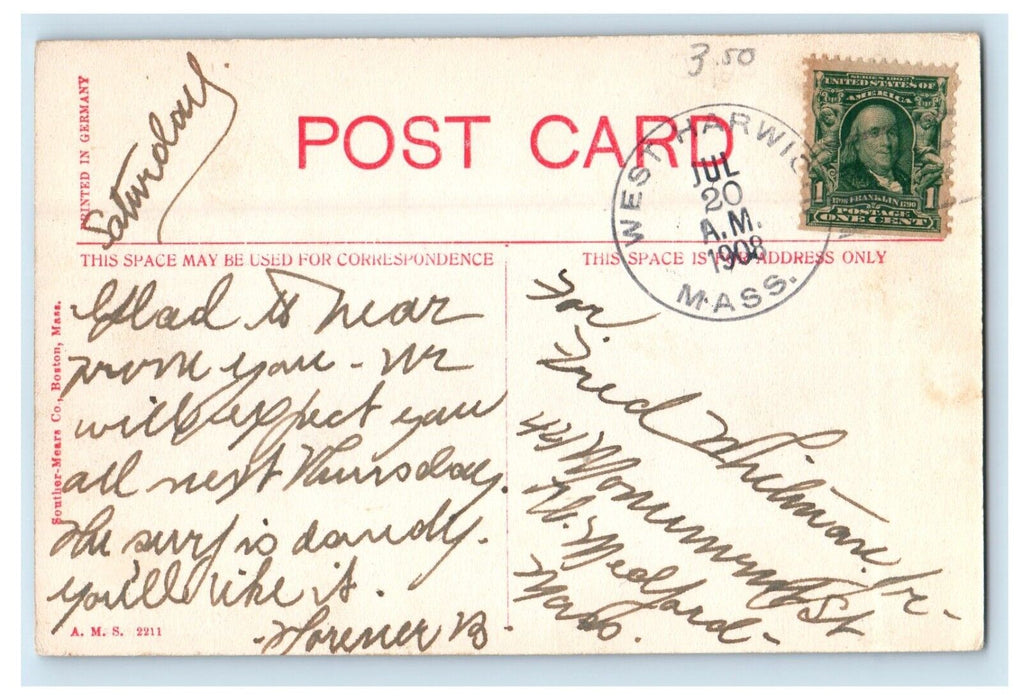 1908 The Belmont Hotel West Harwich Massachusetts MA Posted Antique Postcard