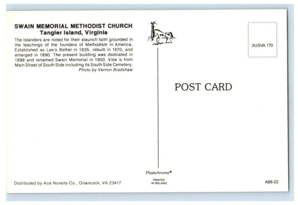 c1940 Swain Memorial Methodist Church, Greetings from Tangier Island VA Postcard