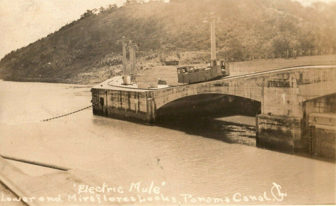 1922 Electric Locomotive Panama Canal Mule Train RPPC Photo Postcard