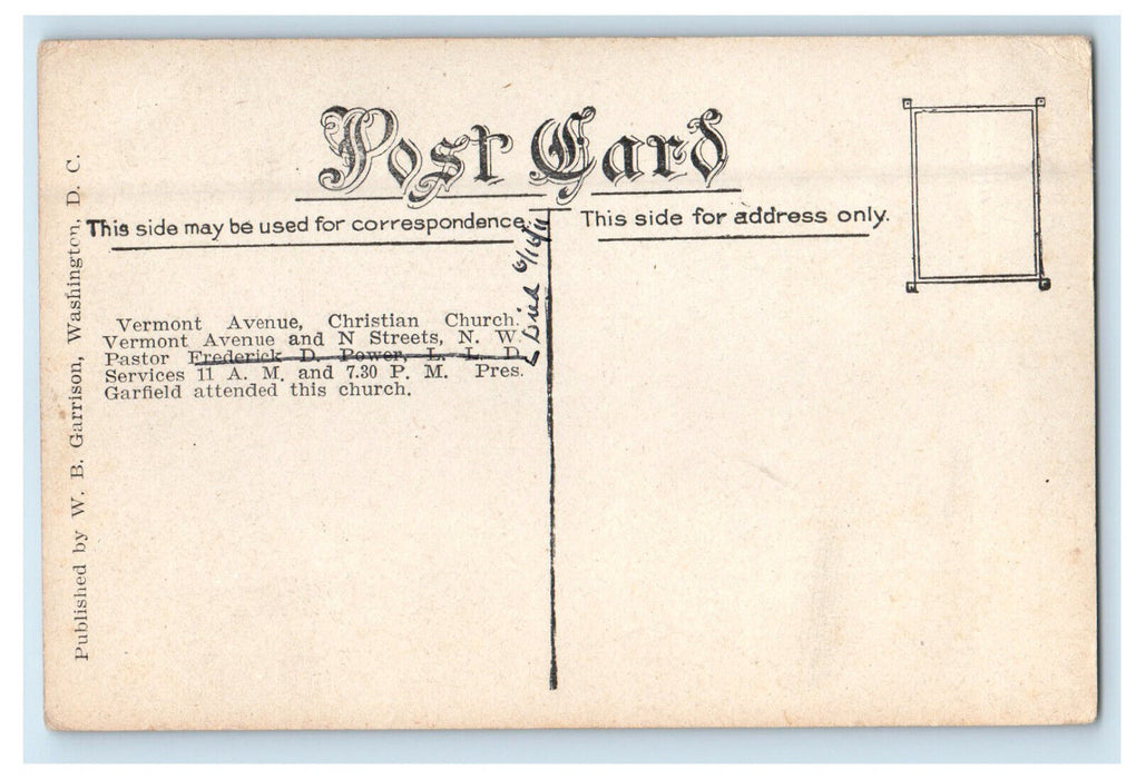 c1910 Vermont Ave. Christian Church, Washington DC Unposted Antique Postcard