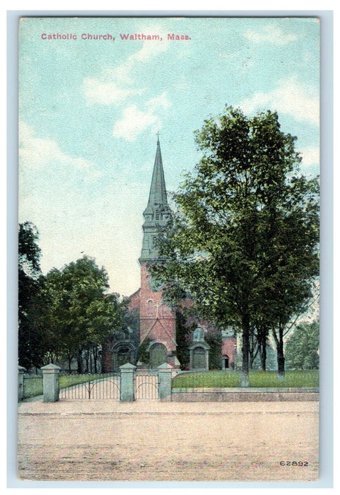 1912 Catholic Church Scene Street Waltham Massachusetts MA Antique Postcard