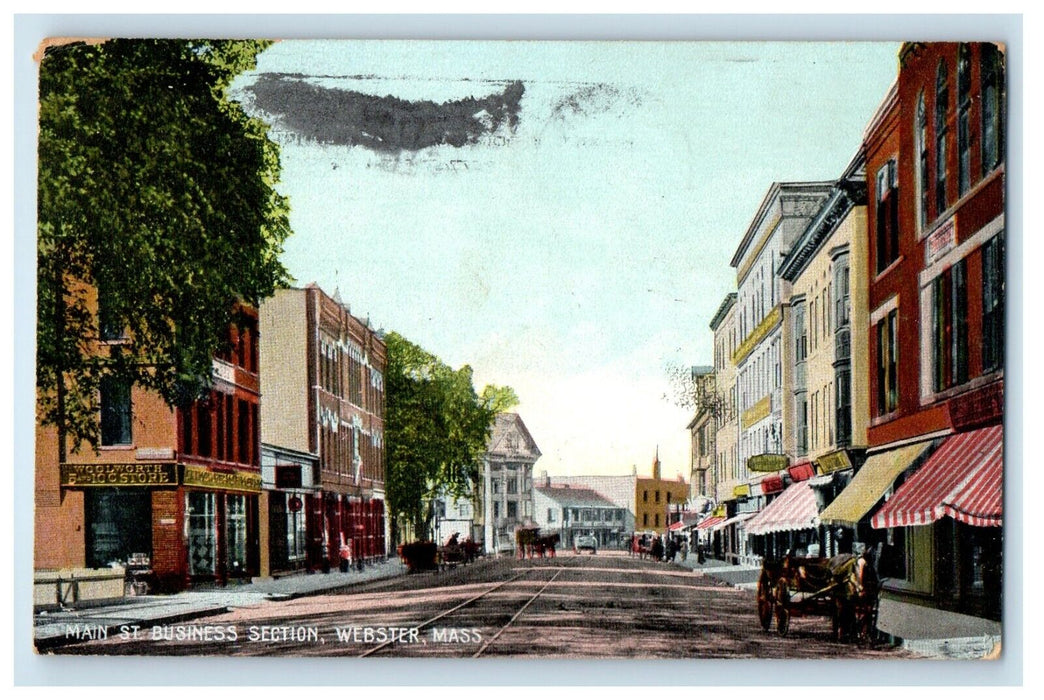 1910 Main Street Business Section Webster Massachusetts MA Antique Postcard