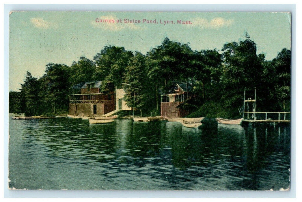 1911 View Of Camp At Sluice Pond Boat Lynn Massachusetts MA Antique Postcard