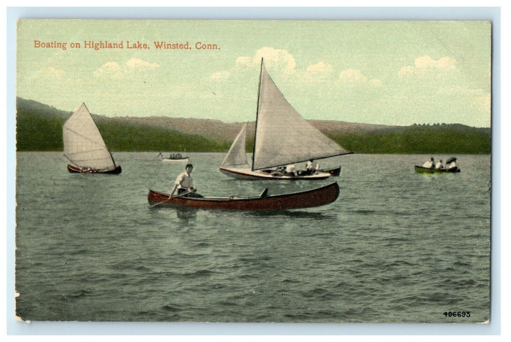 1908 Boating at Highland Lake, Winsted Connecticut CT Antique Postcard