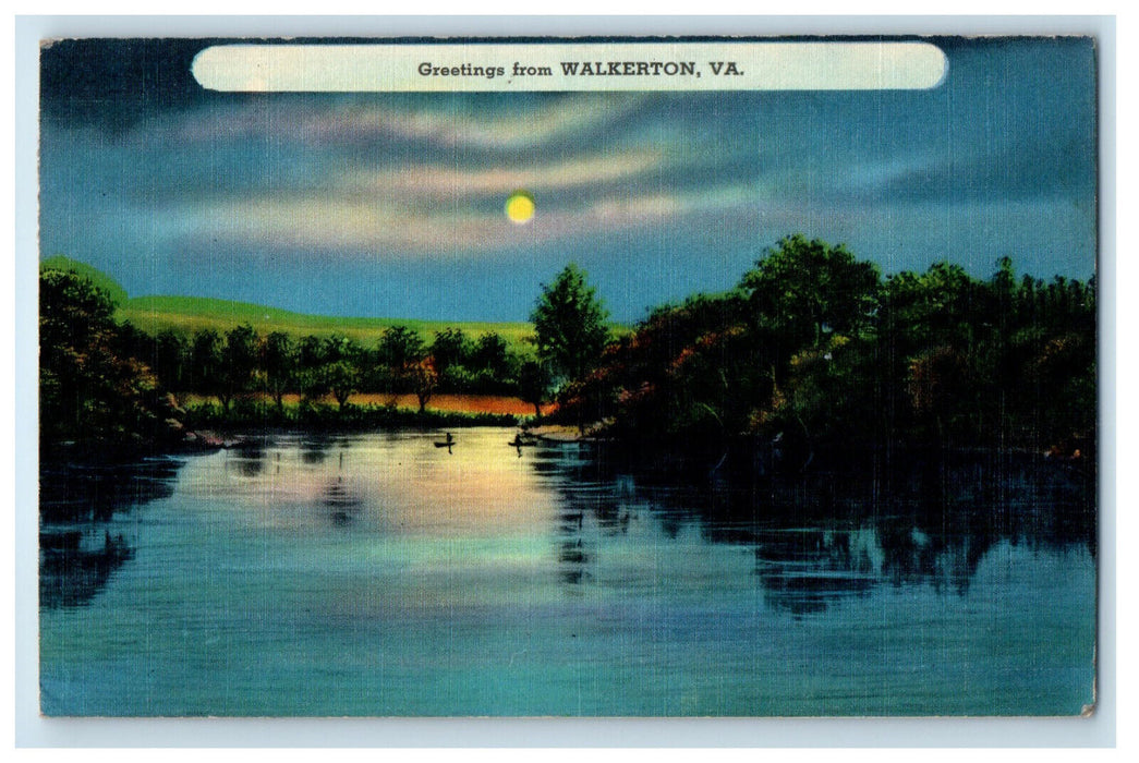 1941 Moonlight View from River, Greetings from Walkerton Virginia VA Postcard