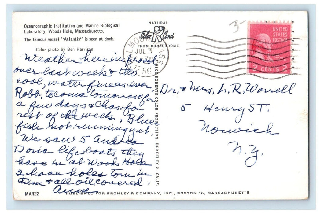 Woods Hole MA, Oceanographic Institution Marine Biological Laboratory Postcard