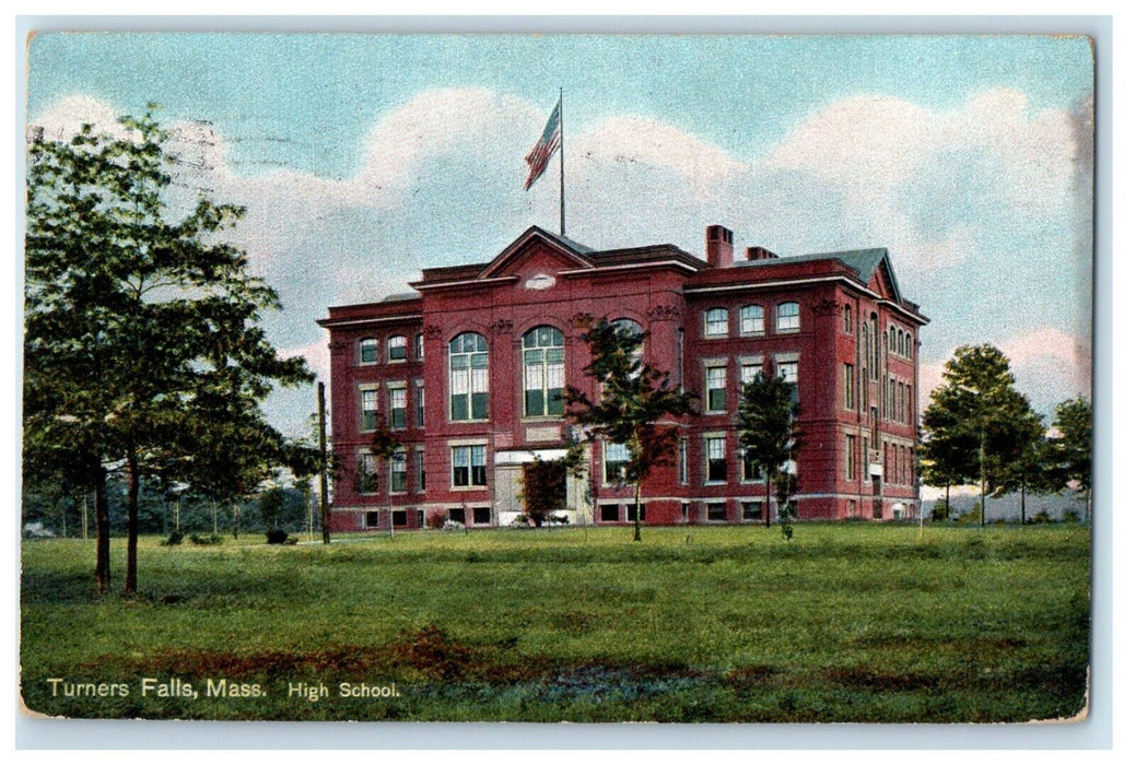1910 High School Building Campus Turners Falls Massachusetts MA Postcard
