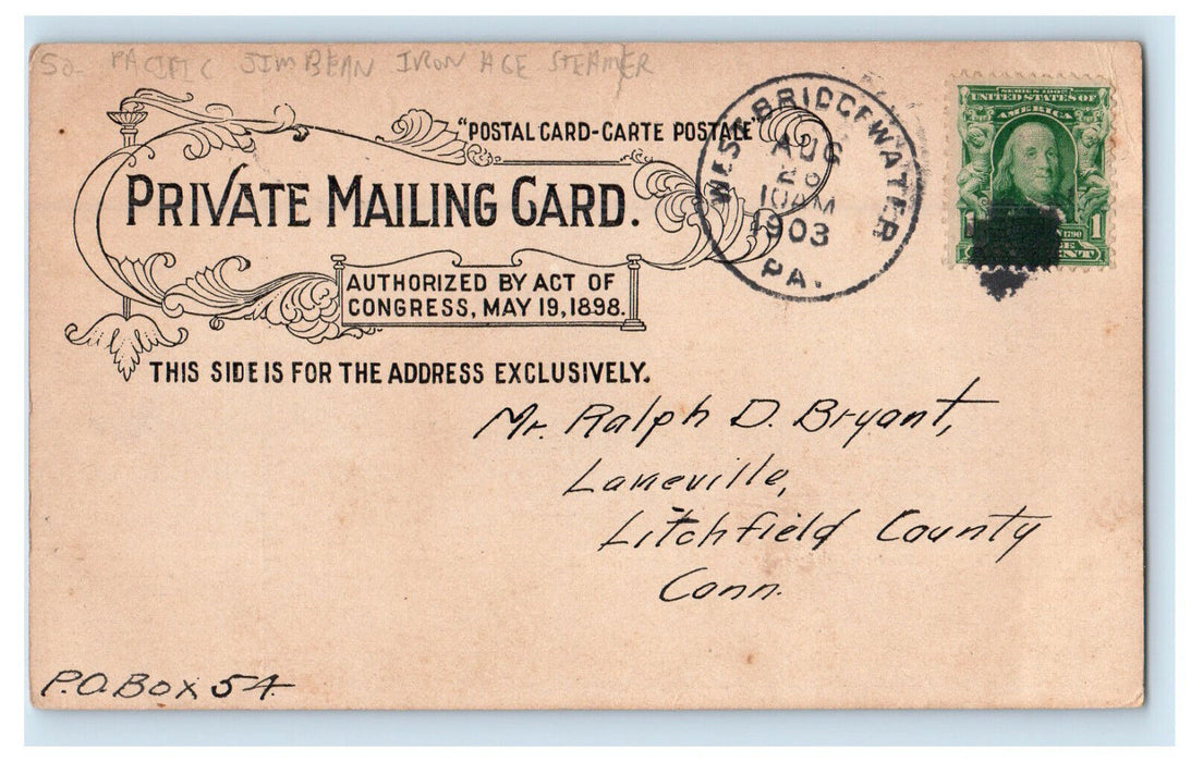 1903 Pacific Jim Bean Iroan Age Steamer Pittsburg PA PMC Posted Postcard