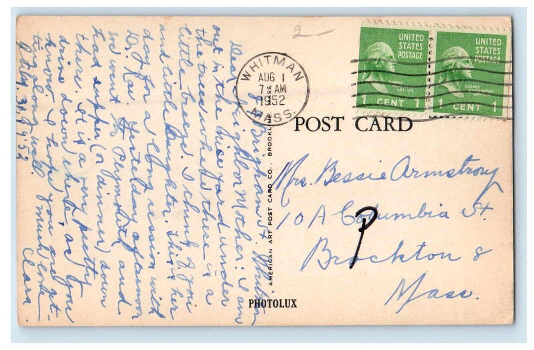 1952 View In Whitman Park Whitman Massachusetts MA Posted Vintage Postcard