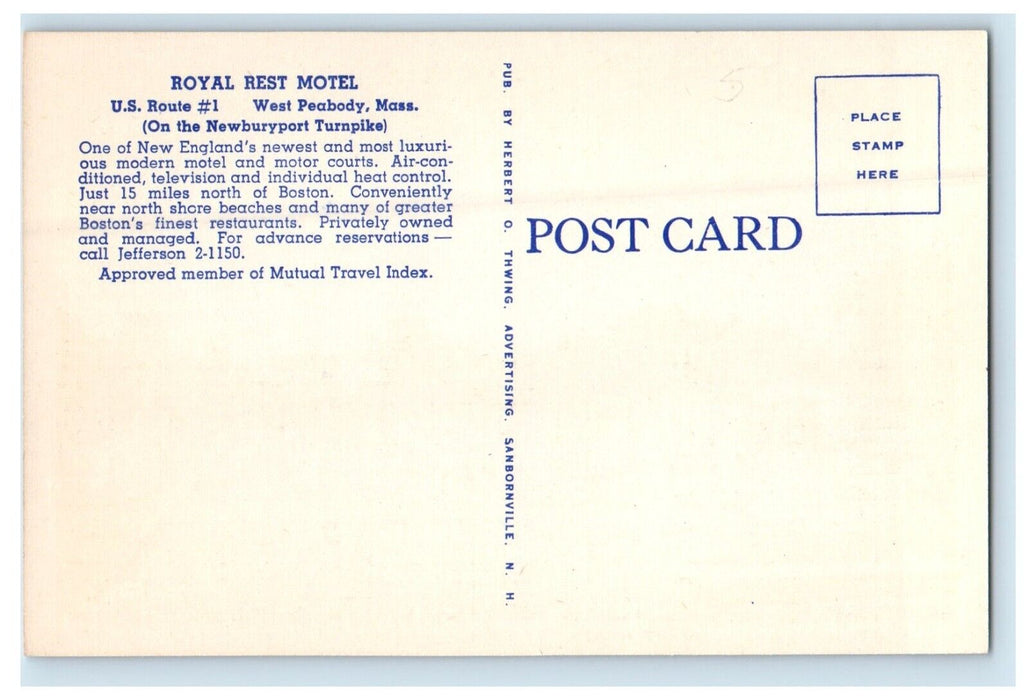 Royal Rest Motel U.S. Route 1 West Peabody Massachusetts MA Vintage Postcard