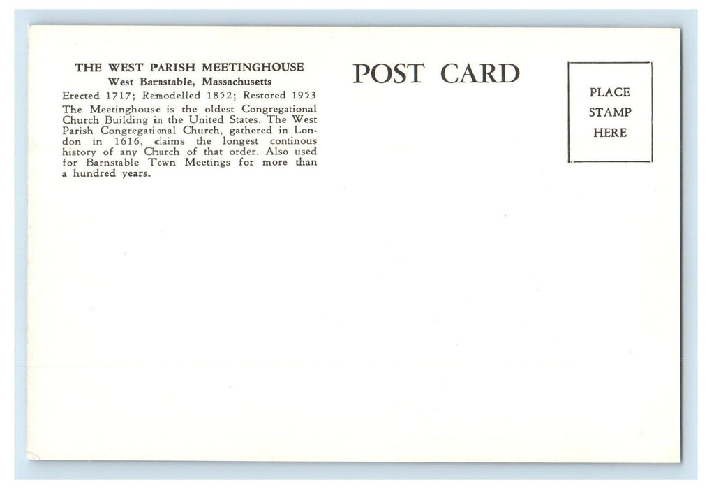 West Parish Meetinghouse West Barnstable Massachusetts MA Vintage Postcard