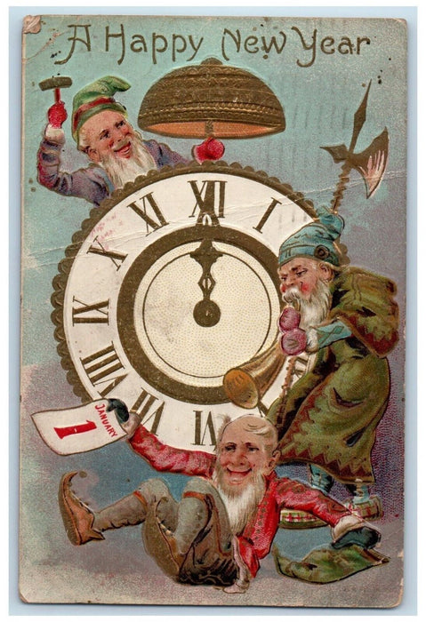1909 Happy New Year Gnomes Mushroom Clock Embossed Tarentum PA Antique Postcard