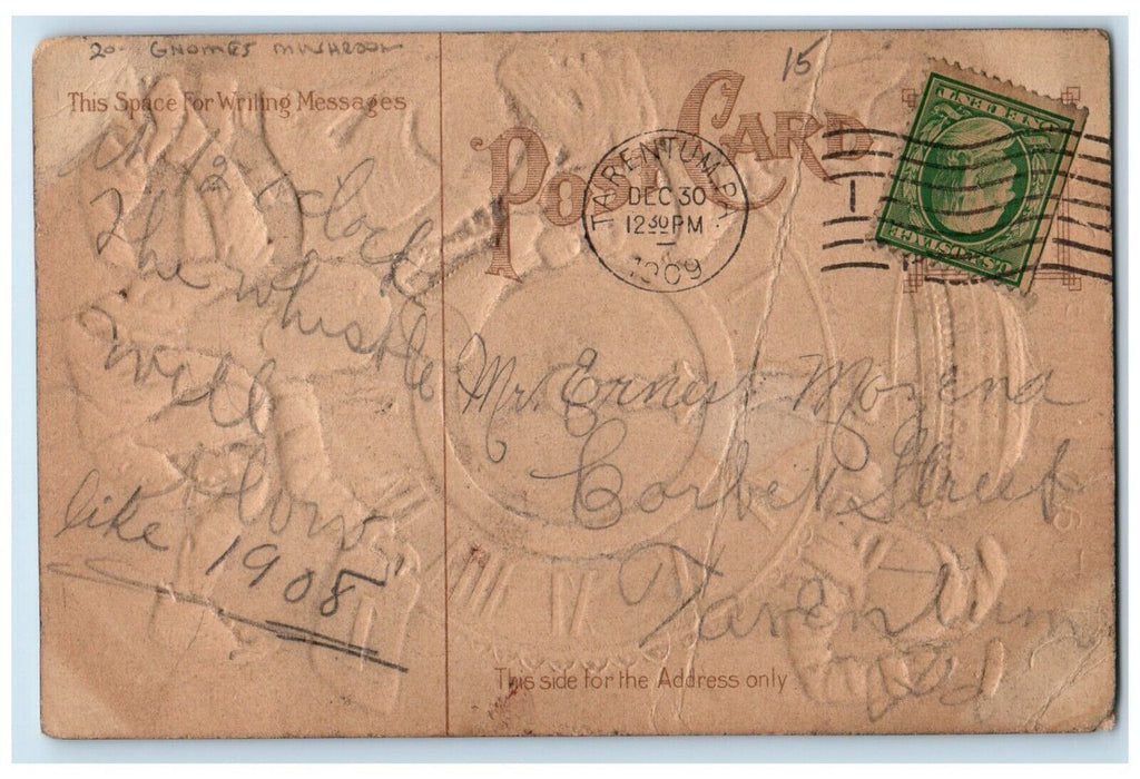 1909 Happy New Year Gnomes Mushroom Clock Embossed Tarentum PA Antique Postcard