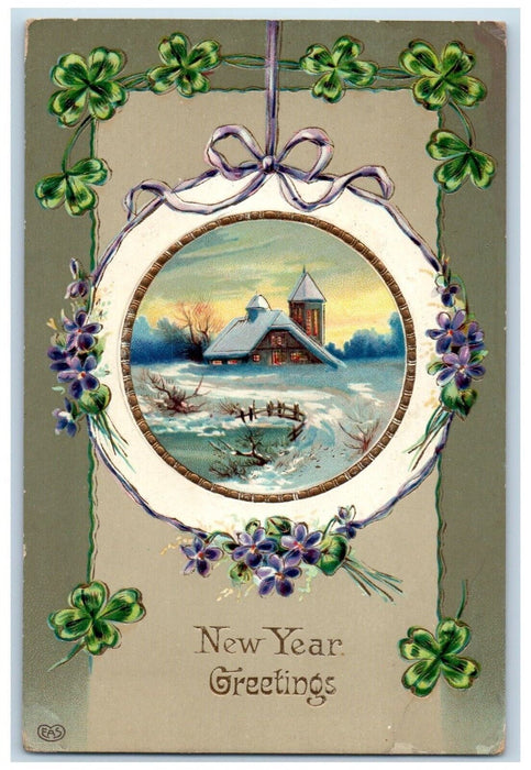 1910 New Year Greetings House Winter Pansies Clover Gel Gold Gilt EAS Postcard