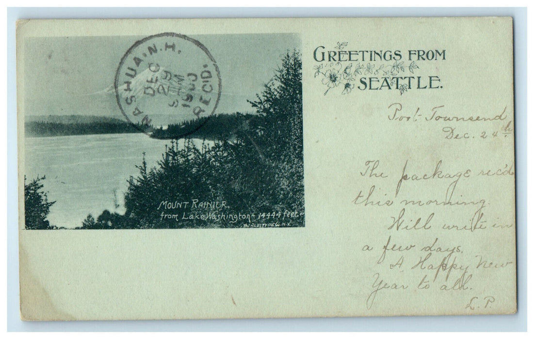 1900 Mount Rainier from Lake, Greetings from Seattle WA, Nashua NH Postcard