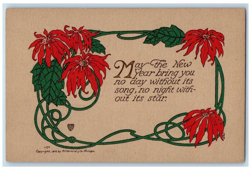 c1910's New Year Message Poinsettia Flowers Volland Unposted Antique Postcard