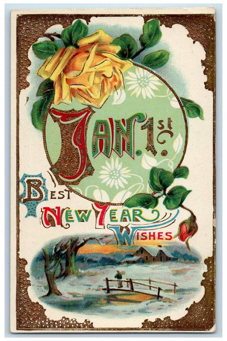 c1910's New Year Wishes Jan. 1st Winter Flower Embossed Gel Gold Gilt Postcard