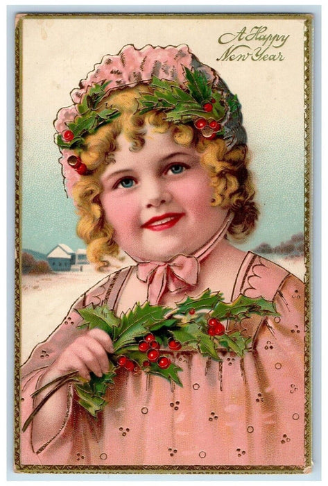 1910 Happy New Year Little Girl Holly Berries Gel Gold Gilt Antique Postcard