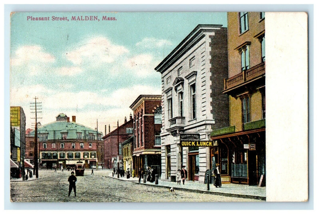 1910 Pleasant Street View Trolley Malden Massachusetts MA Antique Postcard