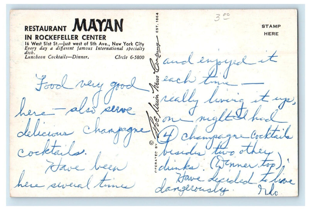 Restaurant Mayan In Rockefeller Center New York City NY Advertising Postcard