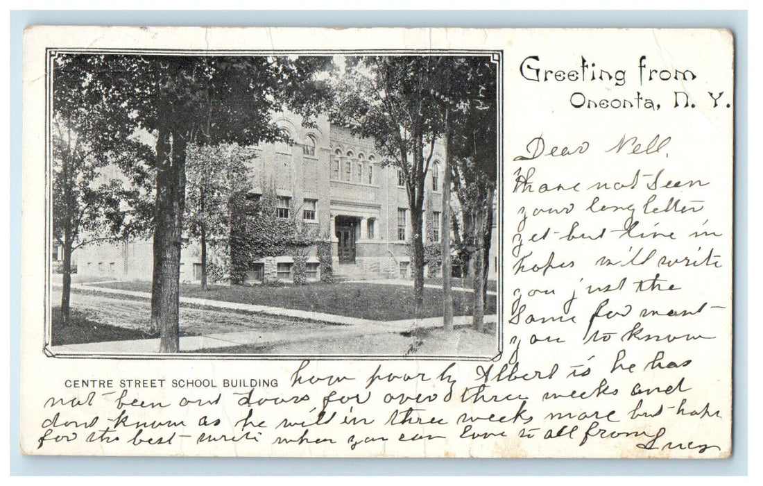 1907 Centre Street School Greeting from Oneonta New York NY Posted SMC Postcard