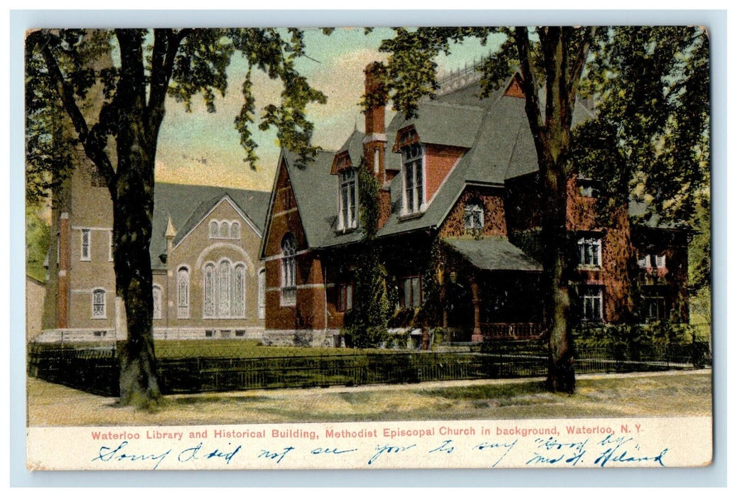 1908 Waterloo NY Library Historical Building Methodist Episcopal Church Postcard