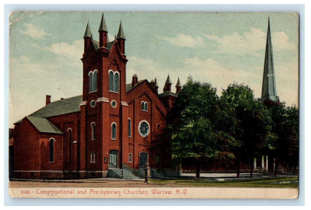 1913 Congregational And Presbyterian Churches Warsaw NY Antique Postcard