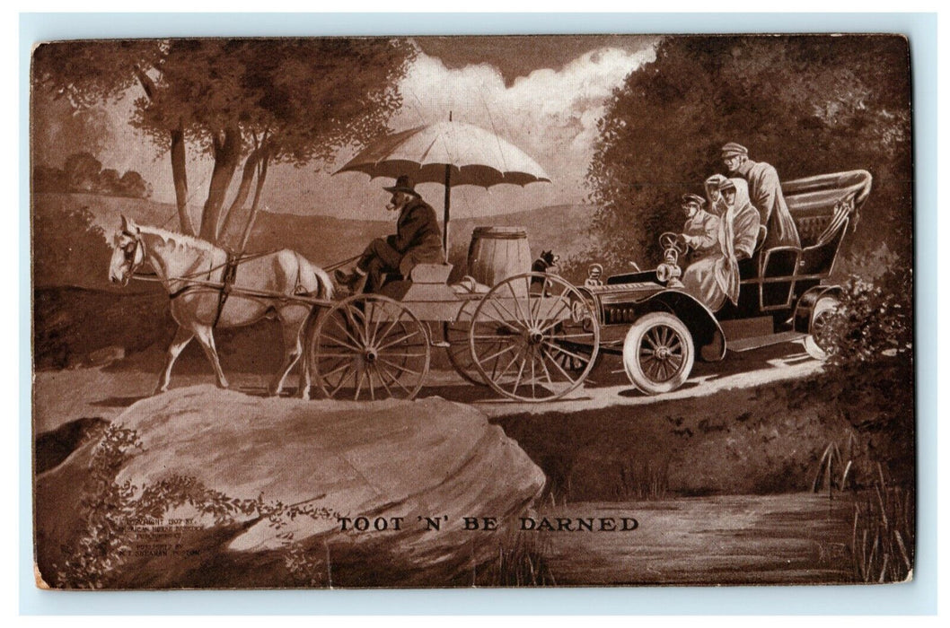 1909 Horse & Carriage VS Car Toot 'N Be Darned Sheahan's Humorous Postcard