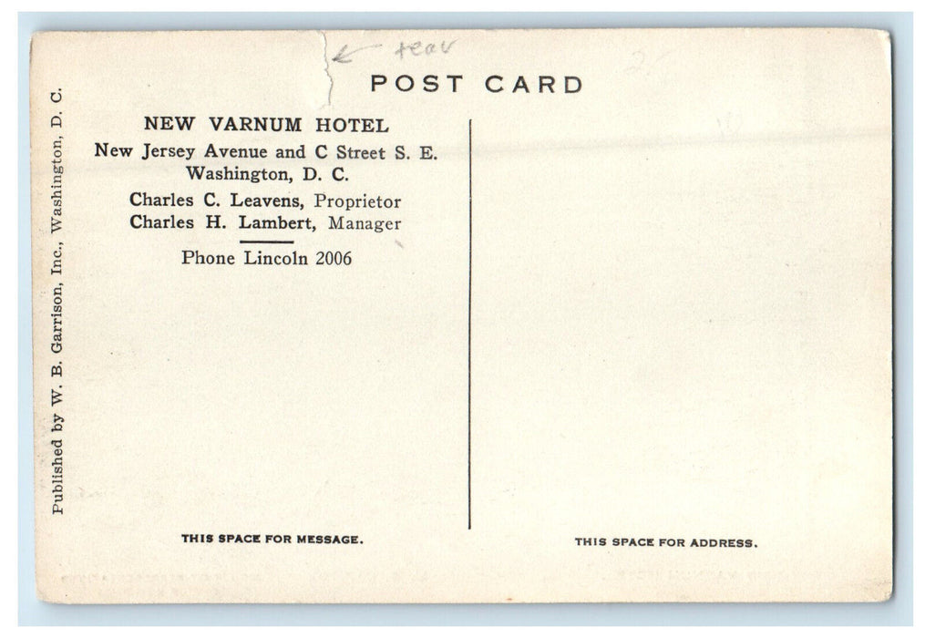 c1910 The New Varnum Hotel, Home of Representatives Washington DC Postcard