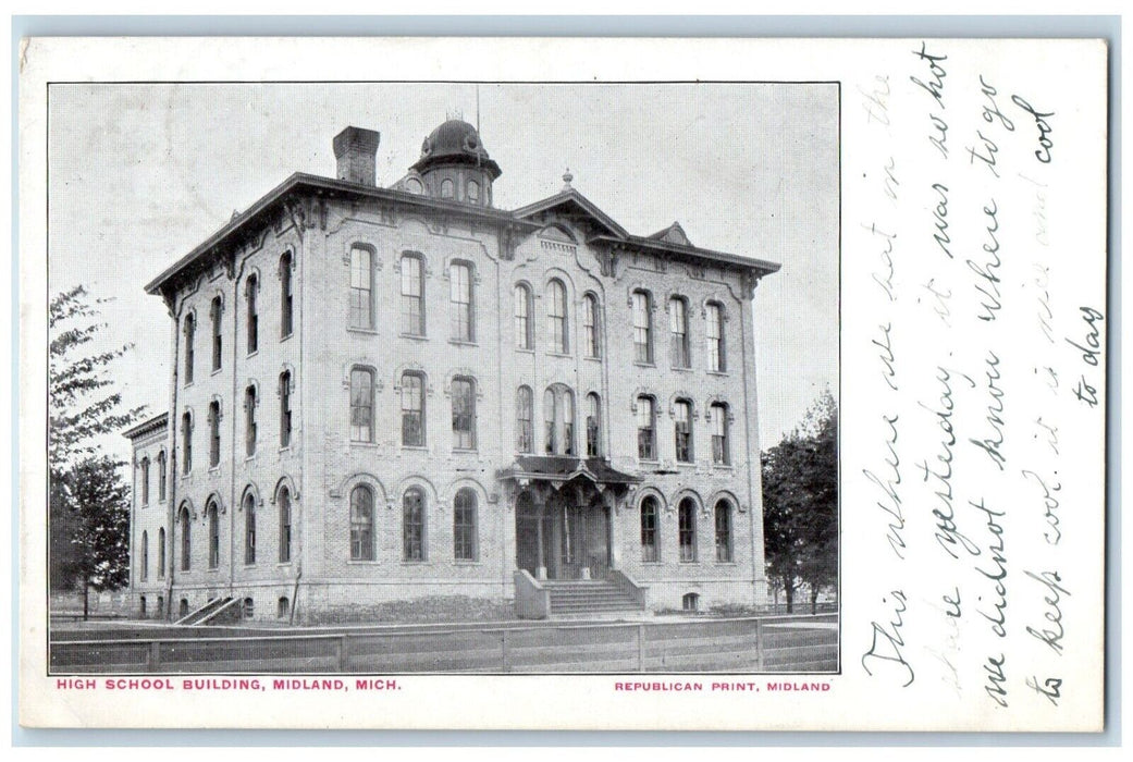 1908 High School Building Scene Street Midland Michigan MI Antique Postcard
