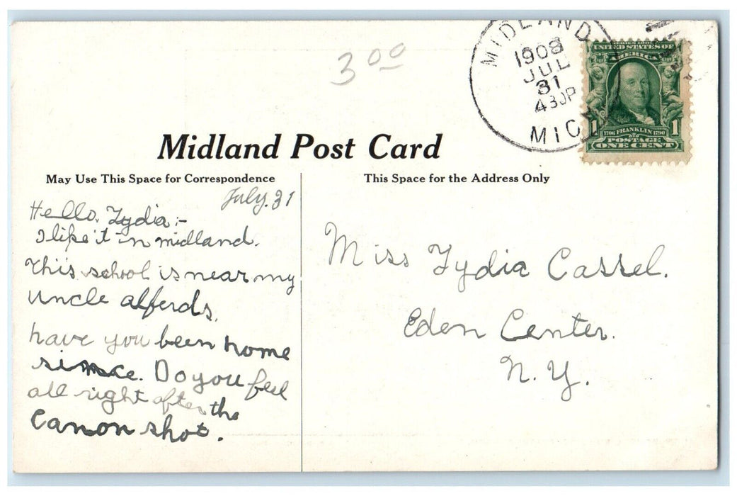 1908 High School Building Scene Street Midland Michigan MI Antique Postcard