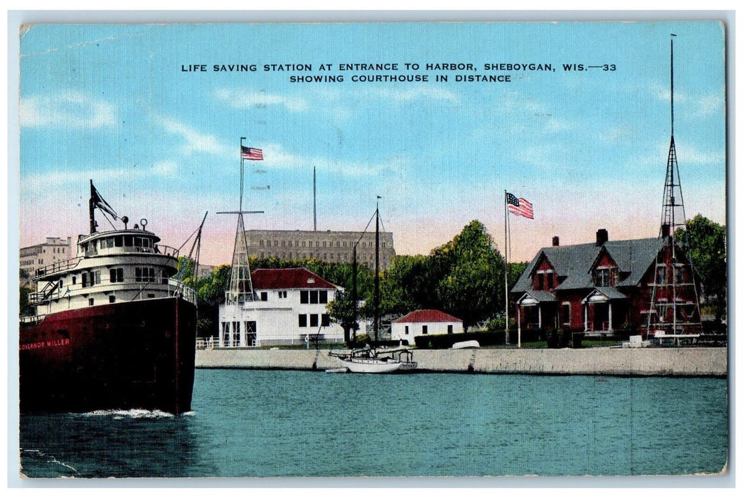 1945 Life Saving Station Entrance Harbor Ship Boat Flags Sheboygan WI Postcard
