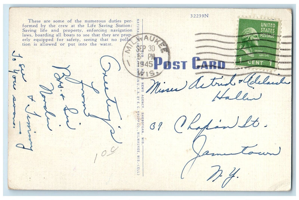 1945 Life Saving Station Entrance Harbor Ship Boat Flags Sheboygan WI Postcard