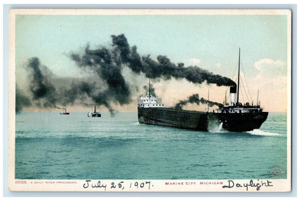 c1910's A Daily River Procession Steamer Ship Marine City MI Phostint Postcard