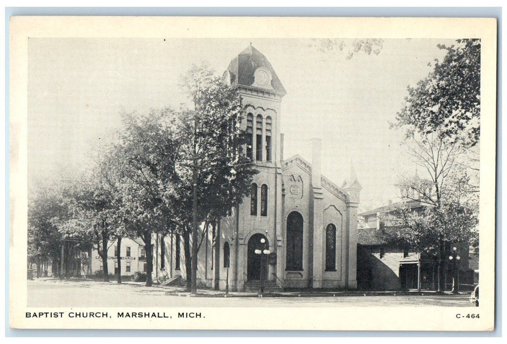 c1930's Baptist Church Scene Street Marshall Michigan MI Vintage Postcard