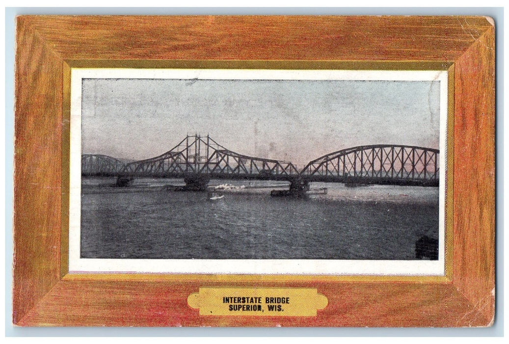 c1950 Interstate Truss Bridge Boat Calm Sea View Superior Wisconsin WI Postcard