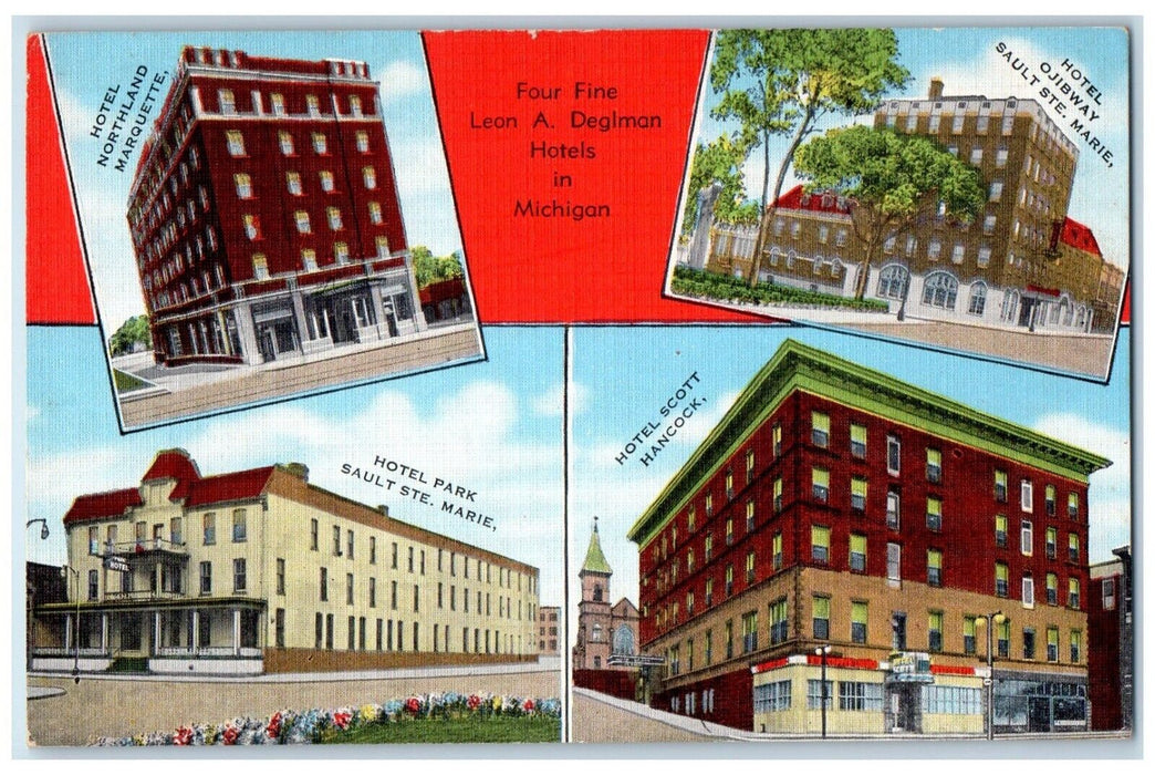 c1930's Four Fine Leon Deglman Hotels In Michigan MI, Multiview Antique Postcard