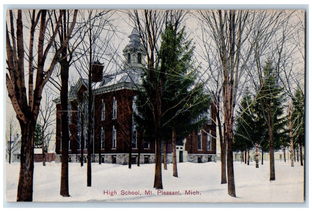 c1910's High School Building Winter Mt. Pleasant Michigan MI Antique Postcard