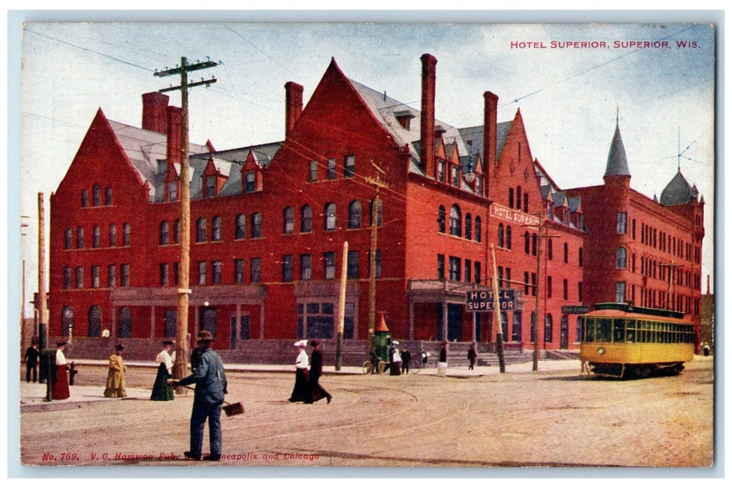 c1950 Hotel Superior Building Restaurant Trolley Superior Wisconsin WI Postcard