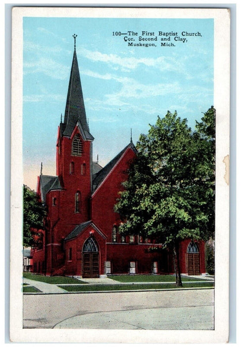 The First Baptist Church Cor. Second And Clay Muskegon Michigan MI Postcard