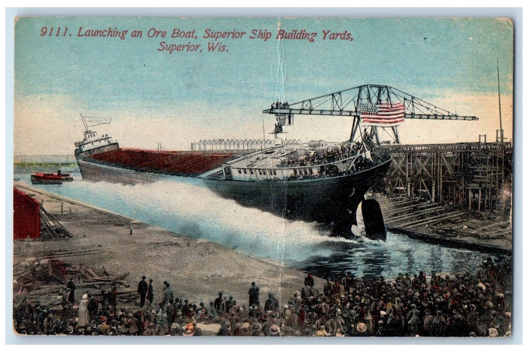 c1950's Launching An Ore Boat Superior Ship Building Yards Watchers WI Postcard