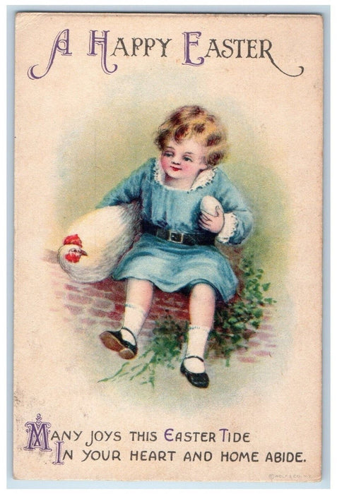 c1910's Happy Easter Child Holding Chicken Egg Wolf Rockville CT Posted Postcard