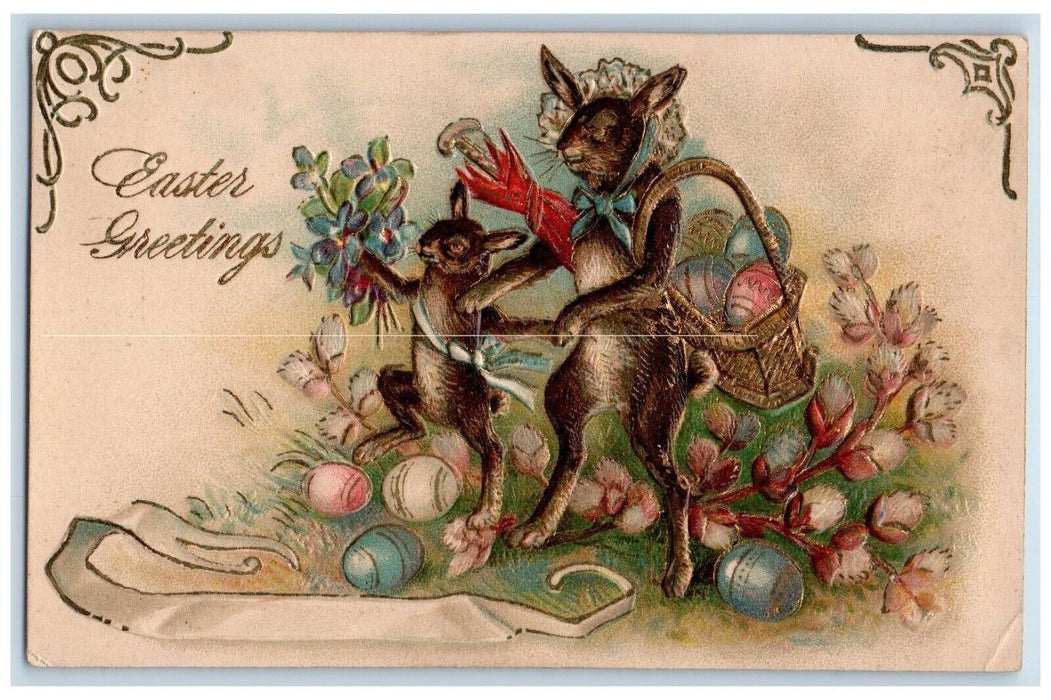 1907 Easter Greetings Anthropomorphic Rabbit Eggs Pipe Pansies Embossed Postcard