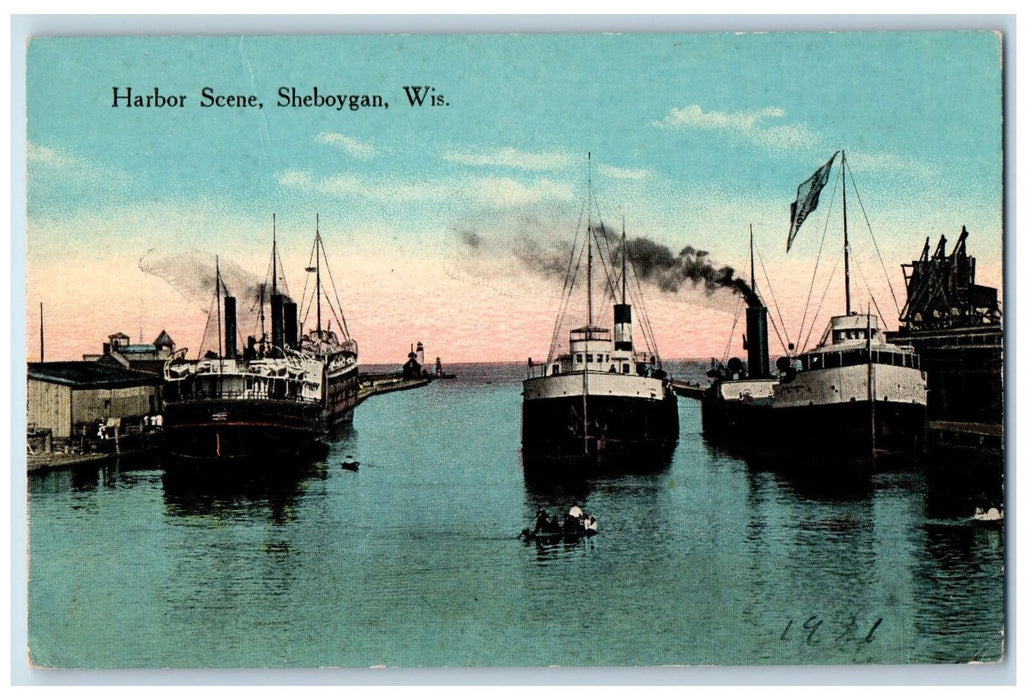 c1950's Harbor Scene Ships Docking Smokestacks Sheboygan Wisconsin WI Postcard