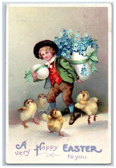 1910 Easter Boy Hobo Hatched Egg Pansies Flowers Chicks Clapsaddle Postcard