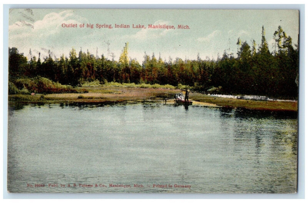 1908 View Of Outlet Of Big Spring Indian Lake Manistique Michigan MI Postcard